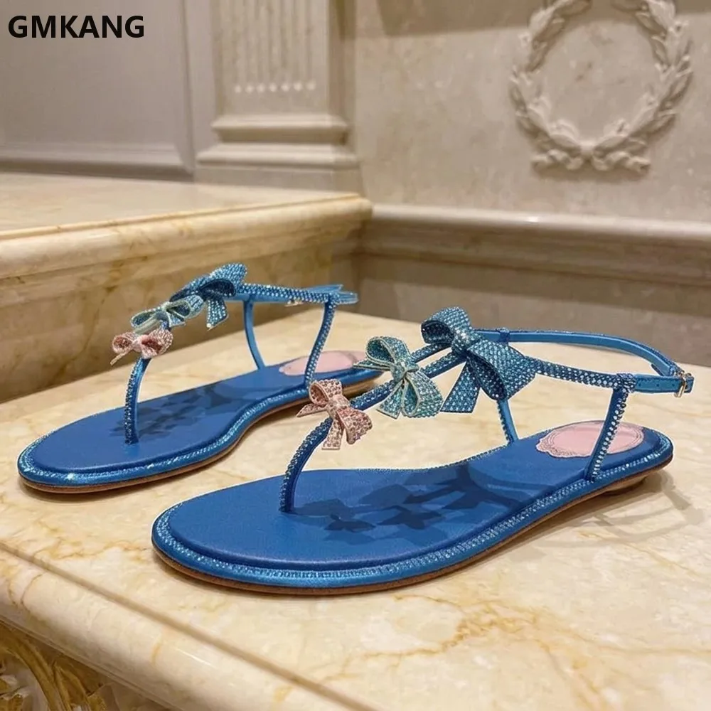 Bling Crystal Butterfly-knot Sandals Women Rhinestone Ankle Strap Flat Summer Party Beach Shoes Open Toe Glitter Dress