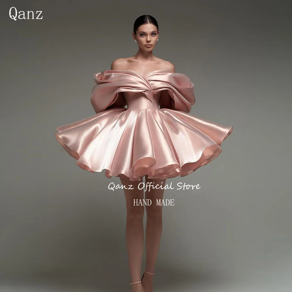 Qanz Rose Gold Short Prom Dresses Off The Shoulder Satin Vestidos De Graduación Mini Lace Up Back Vestidos De Fiesta Customized