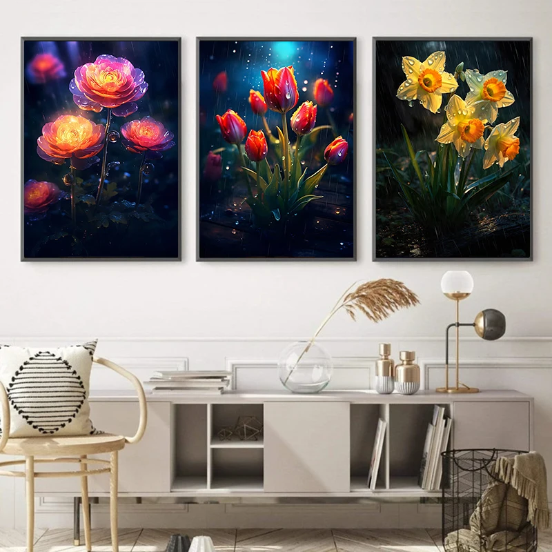 Coloful Plant Rainy Flower Poster Canvas Painting Rose Art Nordic Posters Prints Wall Pictures Modern Living Room Decor Cuadro