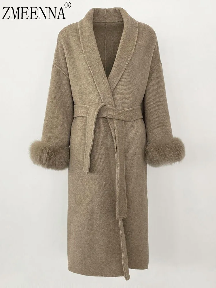 

ZMEENNA Warm Women's Wool Blend Coat With Fur Cuffs Elegant Tie Waist Winter Outerwear Luxurious Long Jacket ZM3391