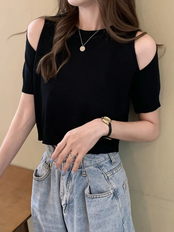 Hong Kong Style Shoulder Bared Short Sleeve Knitted T Shirt Women's Slim Fit Summer Top Design Sensation  T Shirt