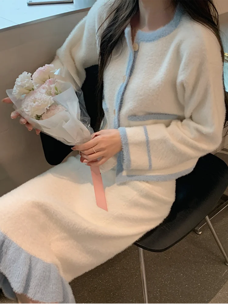 

2 Piece Dress Set Woman Elegant Fashion Dress Slim Causal Midi Skirt + Long Sleeve Y2k Crop Tops Female Korean Suit 2022 Autumn