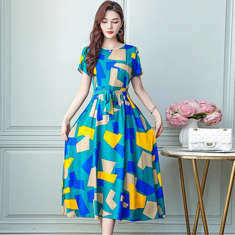 Middle Aged Women's Cotton Rayon Night Dress Summer New Plus Size Mother Nightgowns Printed Nightshirt Lounge Home Outside Wear