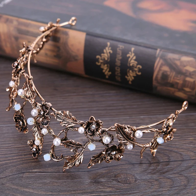New Baroque Vintage Wedding Hair Accessories Bronze Rhinestone Pearl Tiaras and Crowns Bridal Women Jewelry Pageant Party image 3