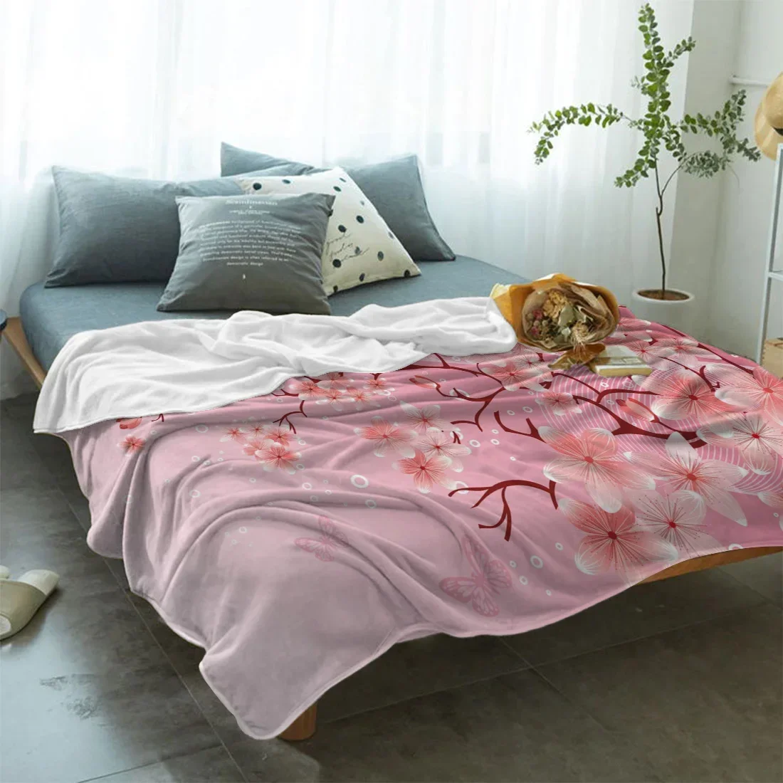 Pink Cherry Blossom Flowers Butterfly Blanket Mat Coral Fleece Throw for Bed Home Bedroom Sheet Kids Aldult Flannel Blankets