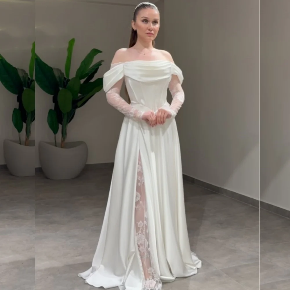 

Индивидуальные модные элегантные шармезные плиссированные длинные платья трапециевидной формы с открытыми плечами на заказ, сексуальные