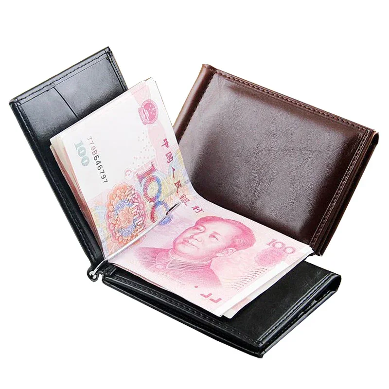 Hot Sale Fashion Men's Leather Money Clip Wallet with Magnet Hasp Credit Card Cash Holder Business Short Designer Purse for Male