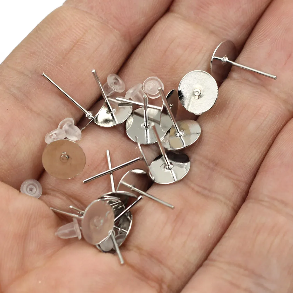 2000Sets Earrings Post With Rubber Stoppers Ear Alloy Glue-on Silver Tone Jewelry DIY Findings 12x8mm