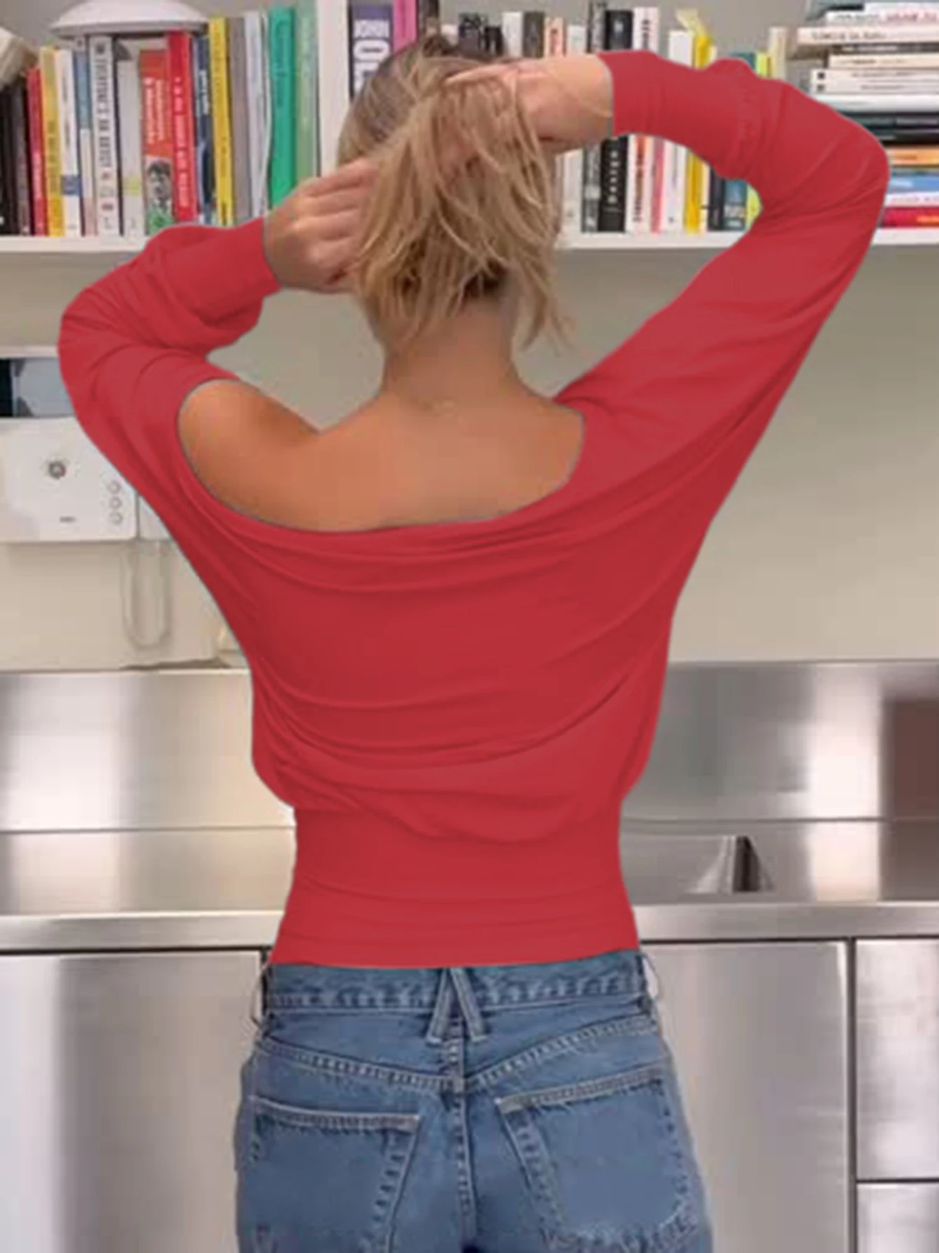 Hugcitar Elegant Slash Neck Long Sleeve Backless Ruched Sexy Loose T-Shirt Top Women Fashion Outfits Streetwear Party Club