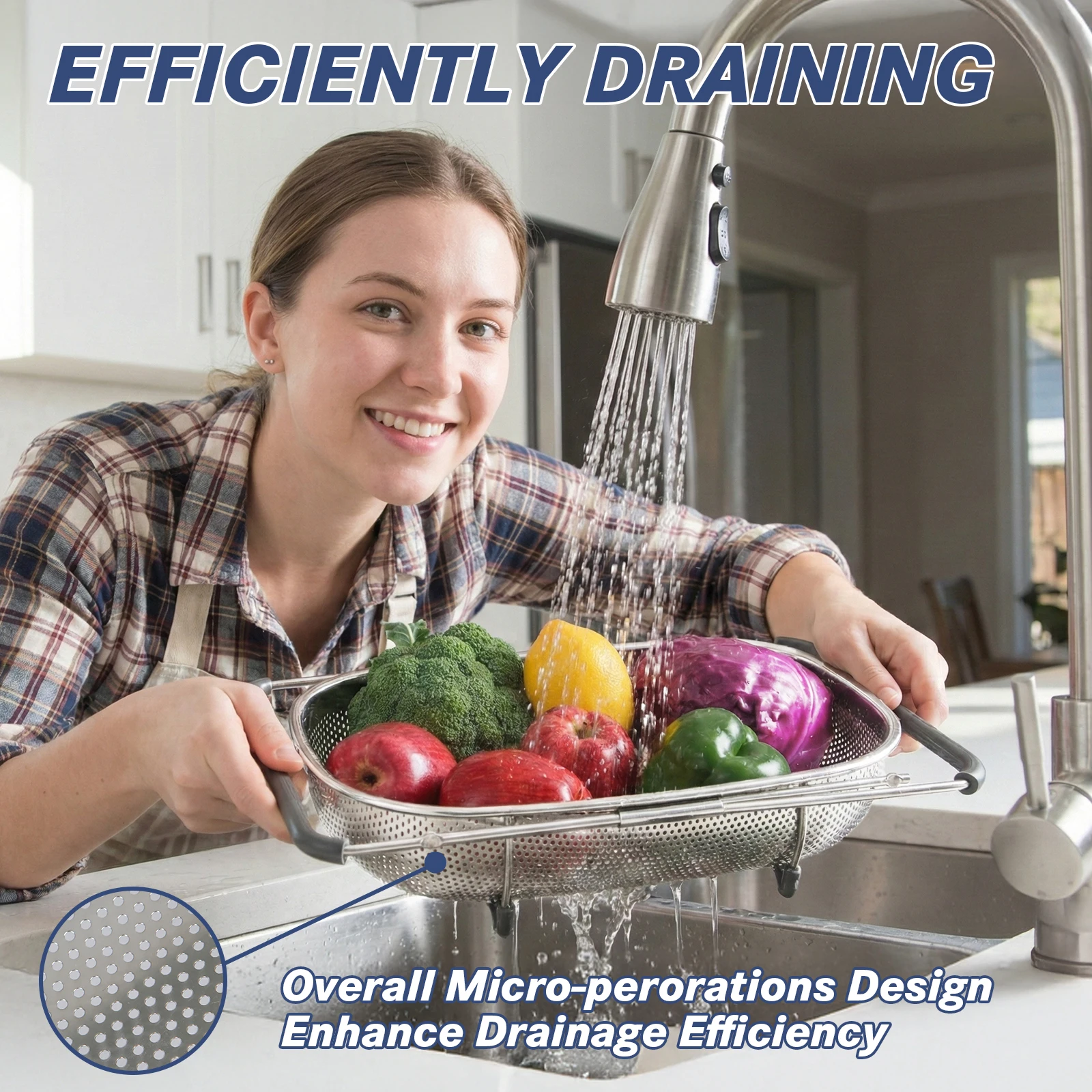 مجموعة مصفاة حوض من الفولاذ المقاوم للصدأ بمقبض تلسكوبي - سلة مصفاة شبكية معدنية لغسل الفواكه والخضروات #1