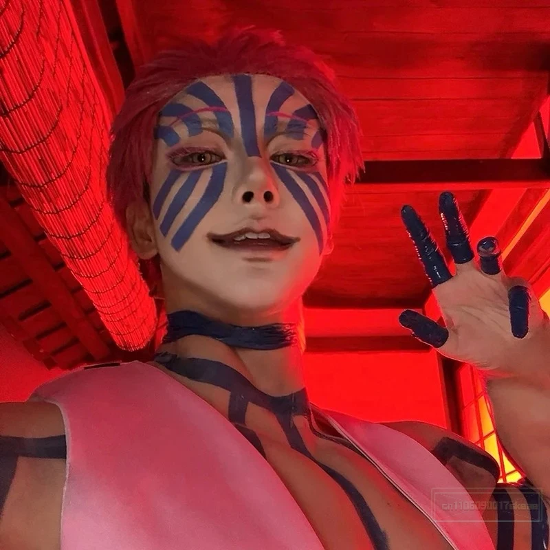 Anime demônio kimetsu no yaiba infinito castelo akaza peruca cosplay hakuji rosa cabelo curto resistente ao calor peruca sintética dia das bruxas