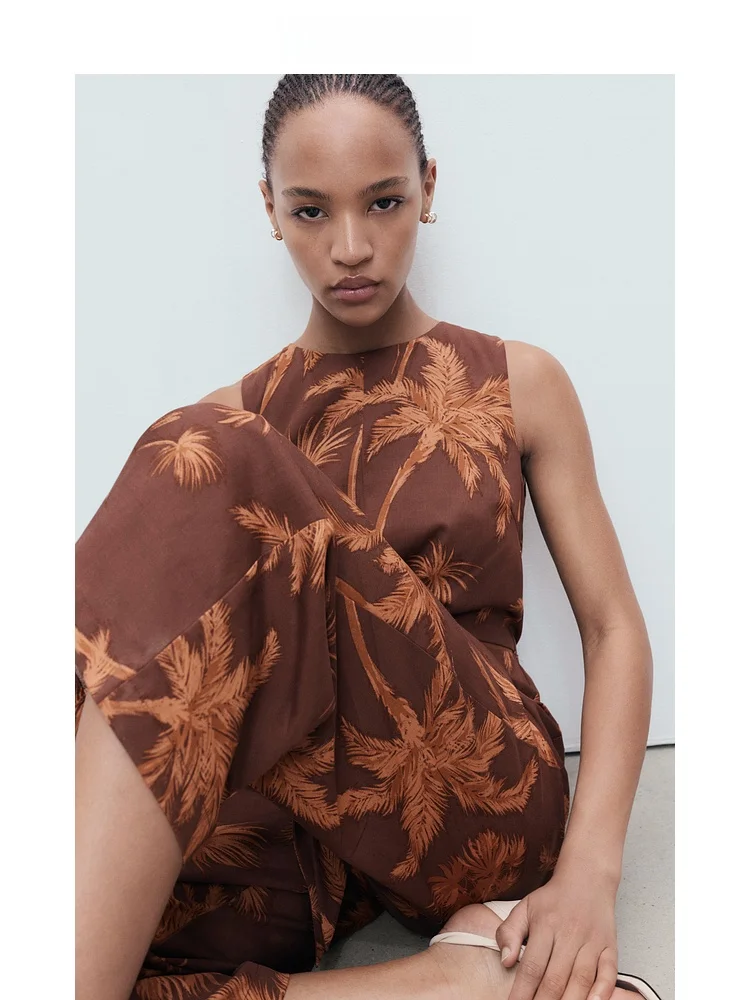 Mono de Mujer Mango, Colección Verano 2025, Cintura Alta, Pierna Ancha, Estampado Vacacional, Informal, Cómodo, Tejido de Ray...