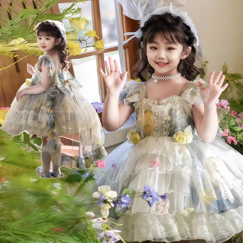 Children Girl Fashion Lolita Princess Dress New Short Sleeves Flower Lace Tull Dresses Kids High End Clothing For Birthday Party