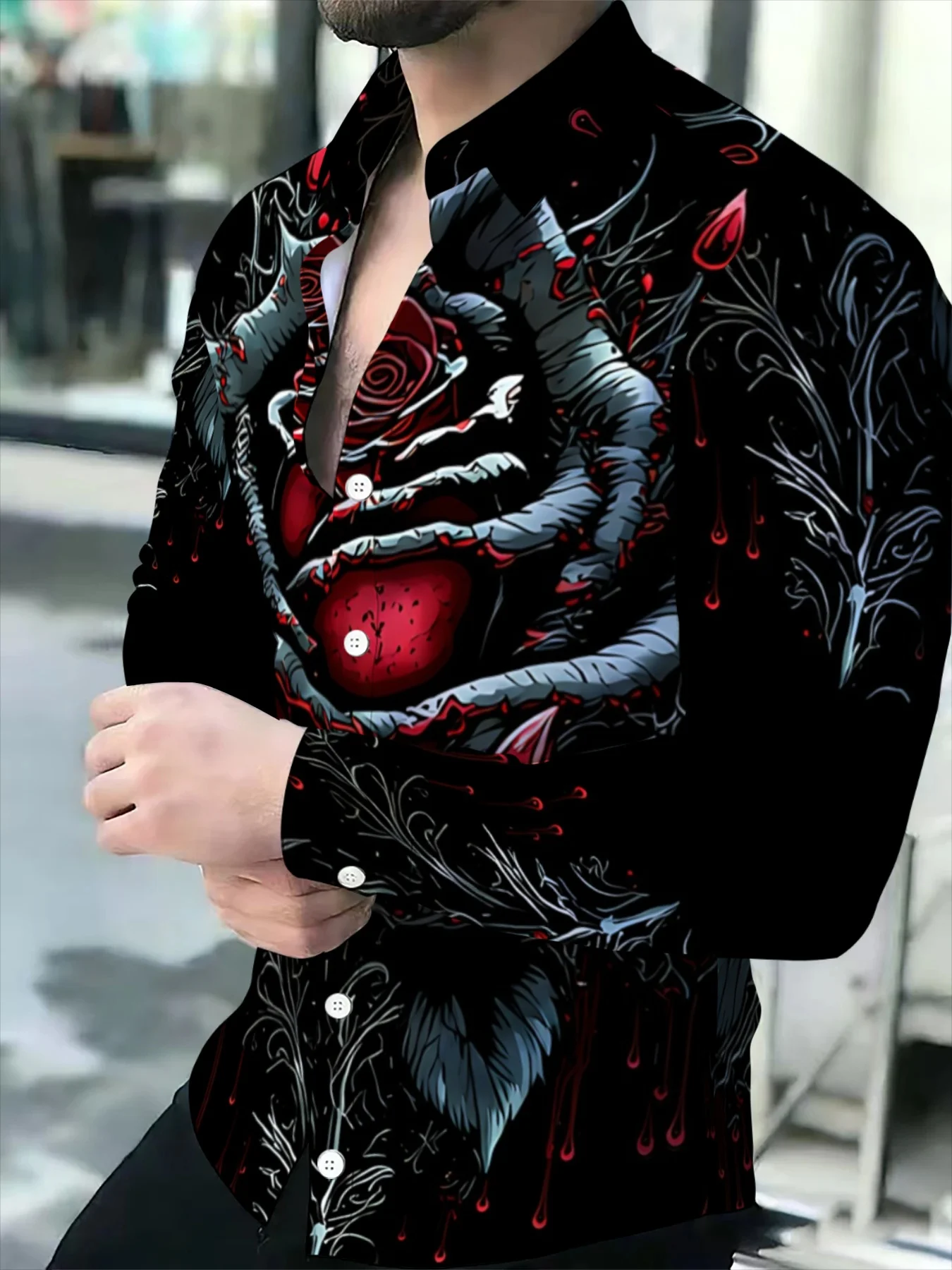 Men Long-Sleeve Button-Down Shirt Black Red Rose Thorn Blood Drop Print Polyester Lapel Collar Party Top