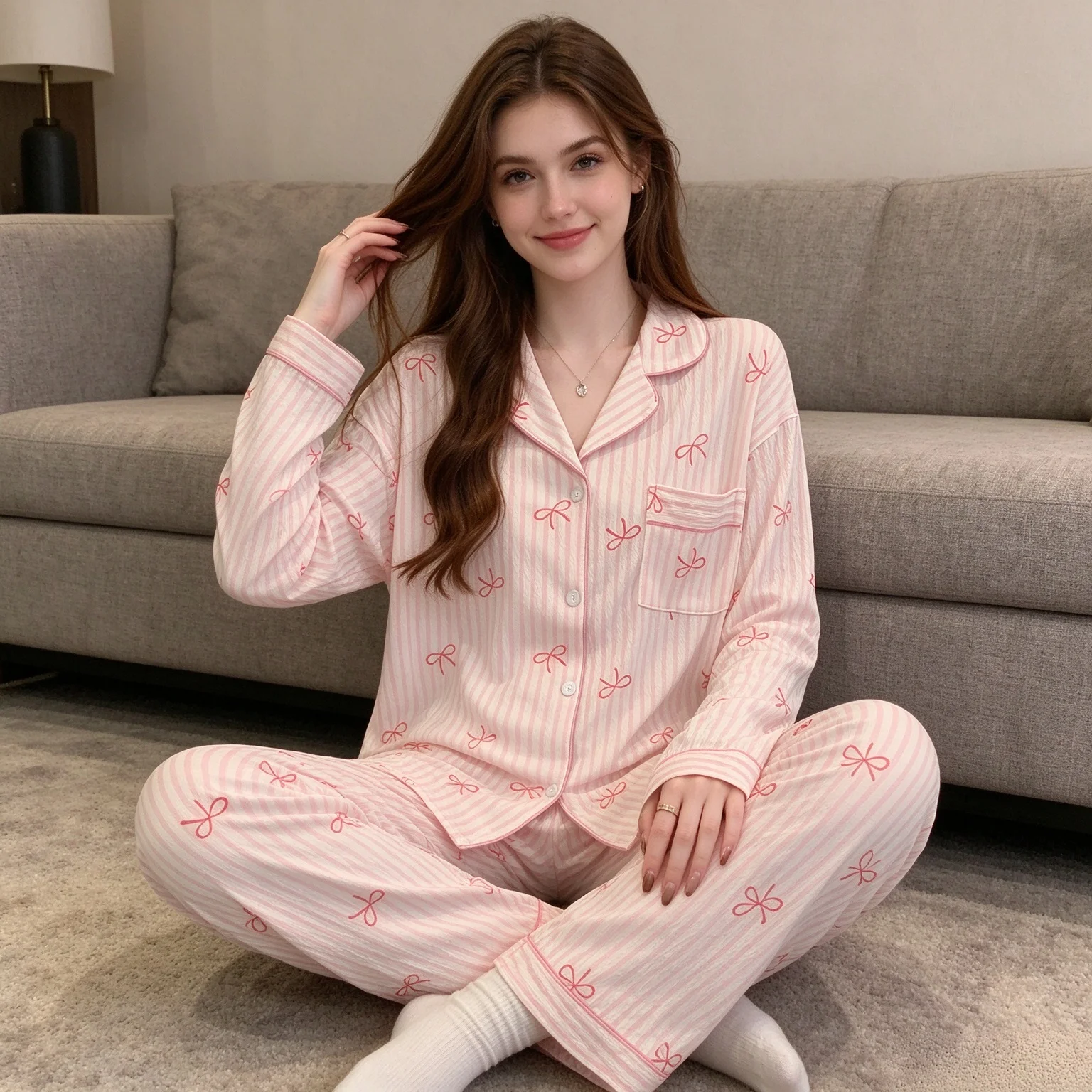 Pink and White Vertical Stripe Bow Print Long Sleeved Sleepwear Set for Women with Lapels, Cardigans, Long Pants, Home Wear, Gen