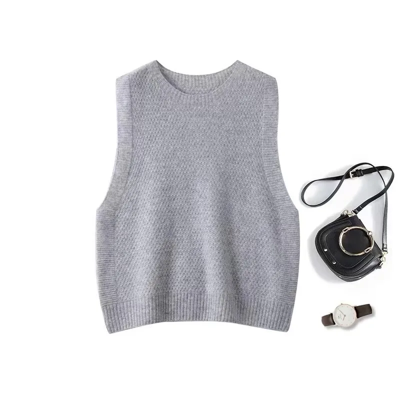 2024 Autumn/Winter Premium Feel 100% Wool O-Neck Seamless Knitted Vest Pullover Fashion Solid Simple Versatile Sleeveless Tops