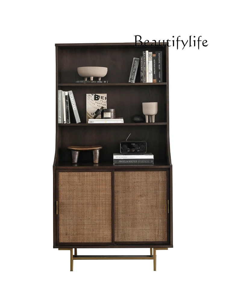 

Nordic Style Solid Wood Rattan Bookcase Home Living Room Small Apartment French Retro Showcase