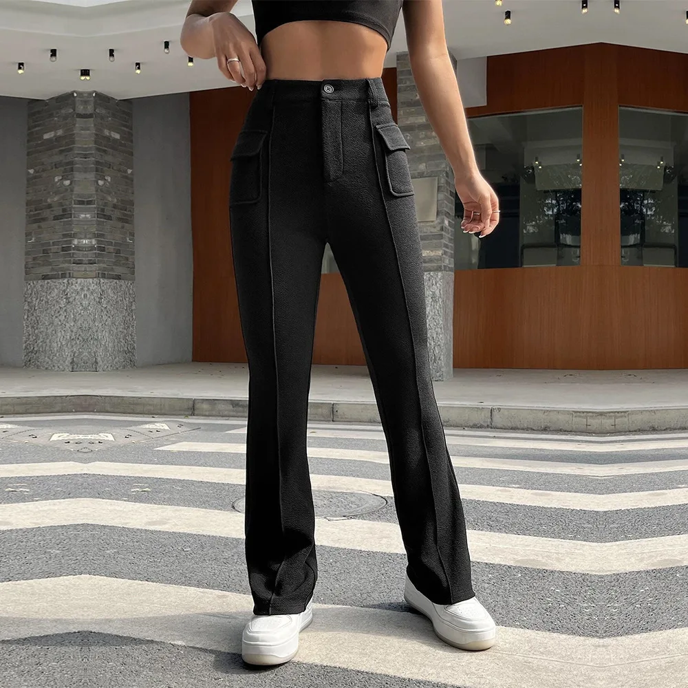 

2024 New Women's Wear Instagram Street Pocket Slim Fit Solid Color Elastic Micro Flap Pants Casual Pants