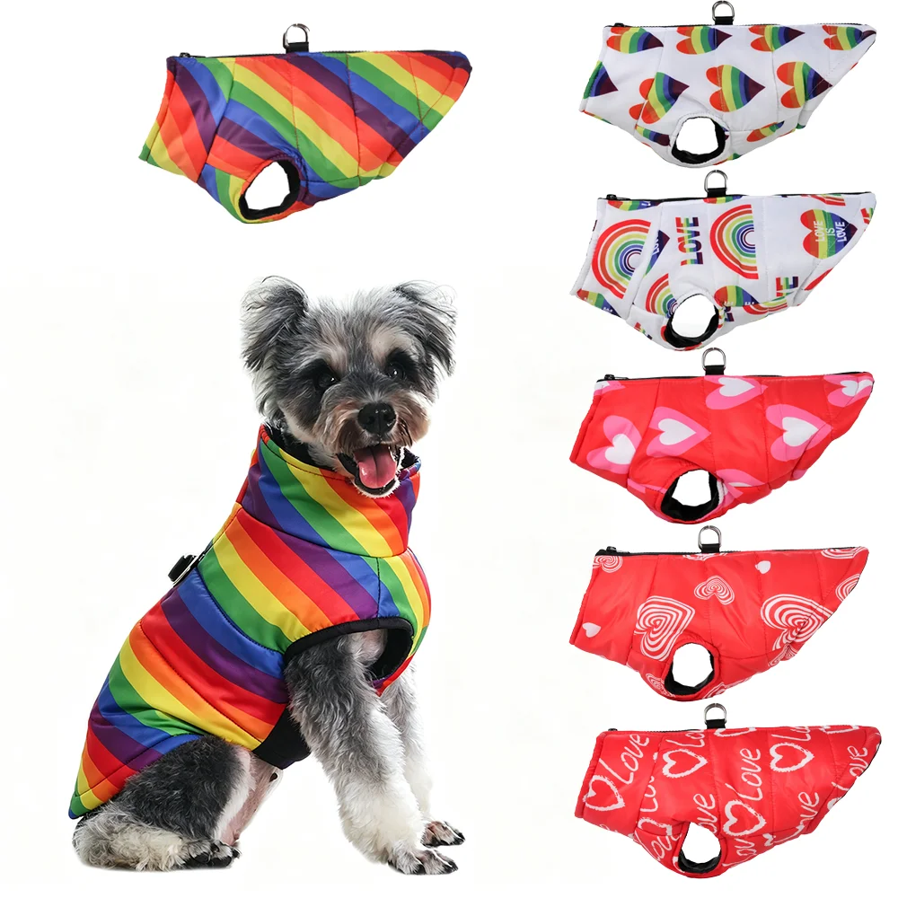 Herbst-Winter-Warme Hundekleidung für kleine und mittelgroße Hunde und Katzen, winddicht, wasserdicht, mit D-Ring, Welpenjacke, Liebesdruck, Haustierkostüm.