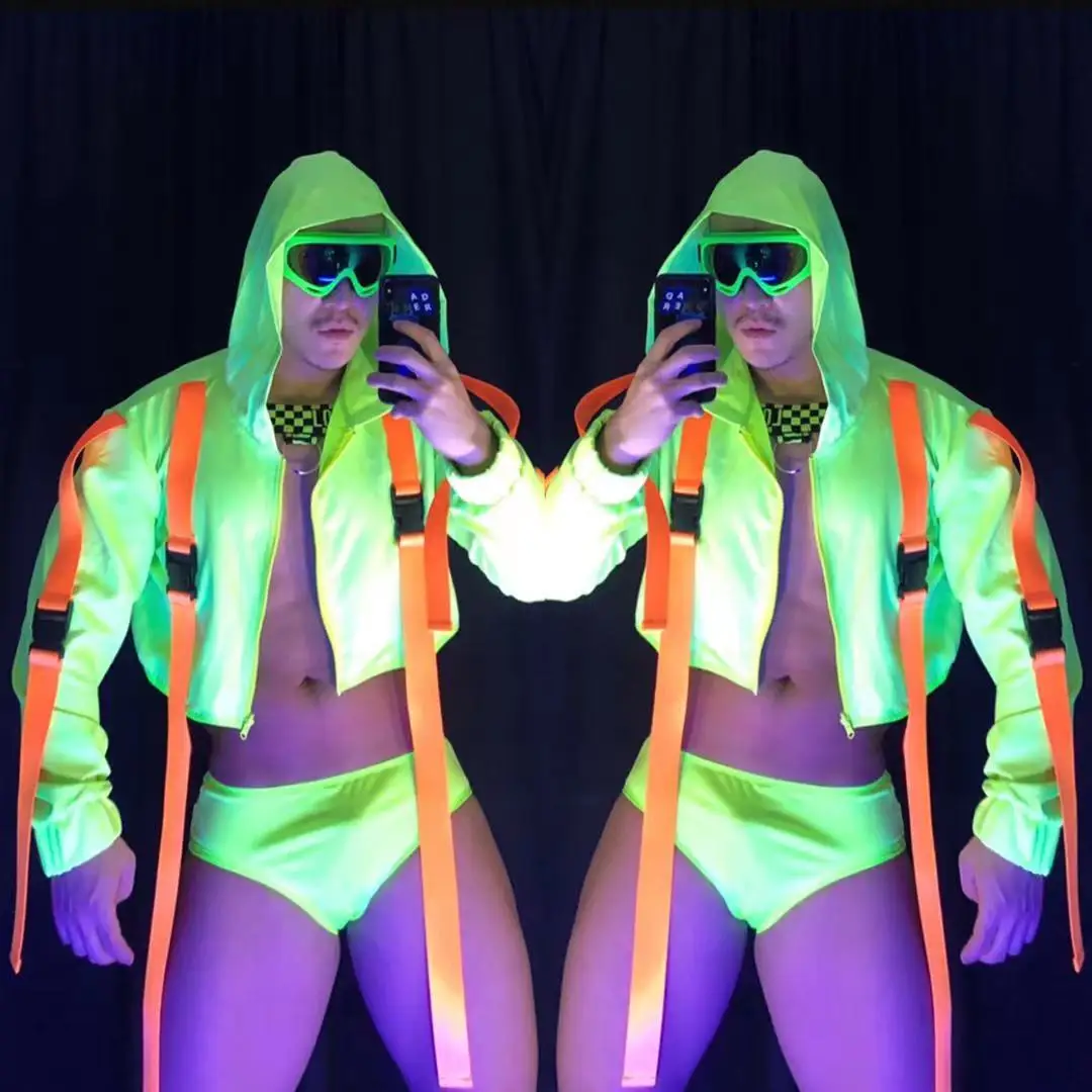 Traje de baile callejero de Hip Hop para hombre, club nocturno, verde fluorescente, Gogo, ropa de baile en barra, chaqueta, abrigo, pantalones cortos, traje Rave yj877