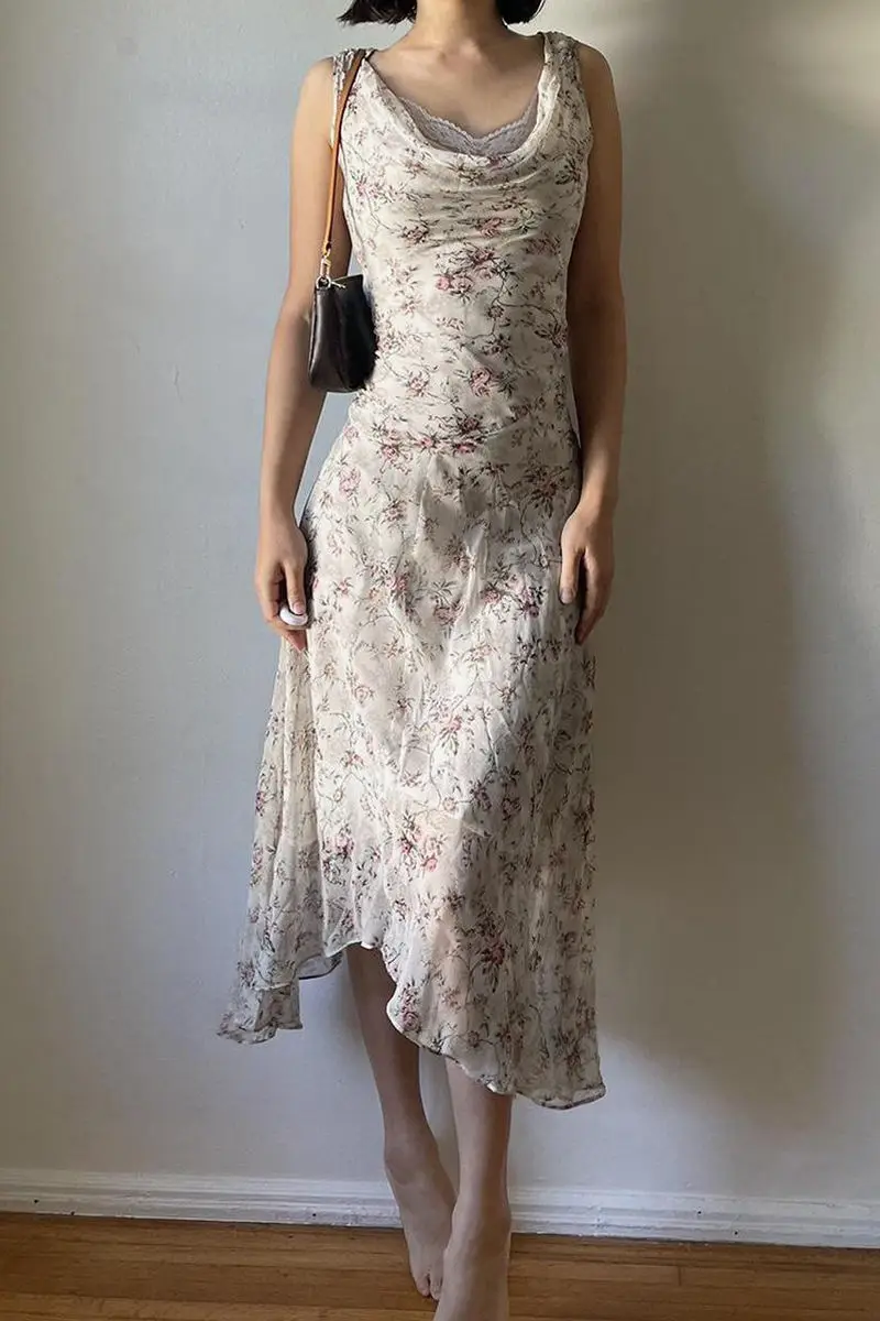 

2025 Vintage Floral Lace Dress Swinging Collar Sleeveless Asymmetrical Boho Dresses Summer Photogenic Chic Unique Instagrammable