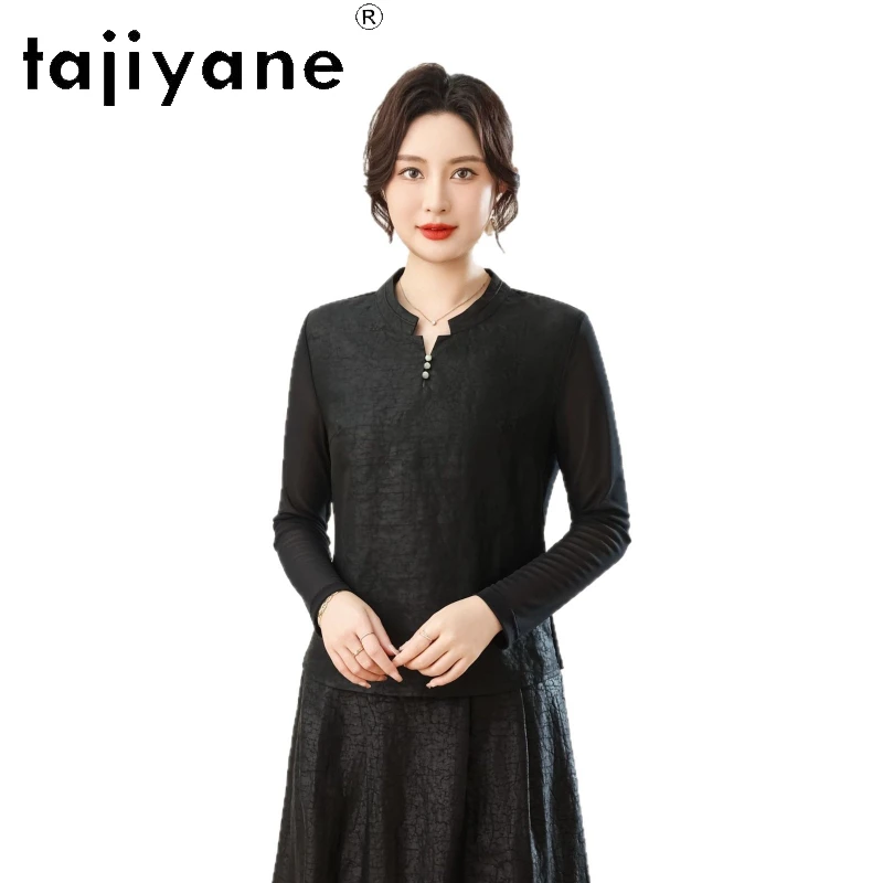 

TAJIYANE 100% шелковые женские футболки из тутового шелкопряда, элегантные весенние топы с V-образным вырезом и длинными рукавами, новая женская одежда 2026