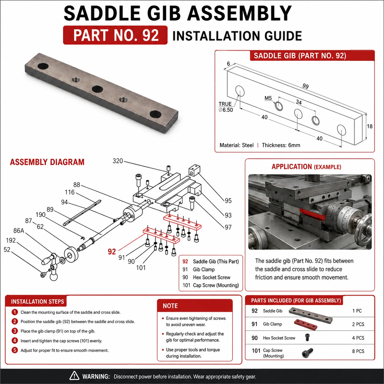 Lathe Saddle Shear Plate Steel Slide Gib for SIEG C2-092 G8688 BD 6 BD 7 CX704 Compact 9 CL300M