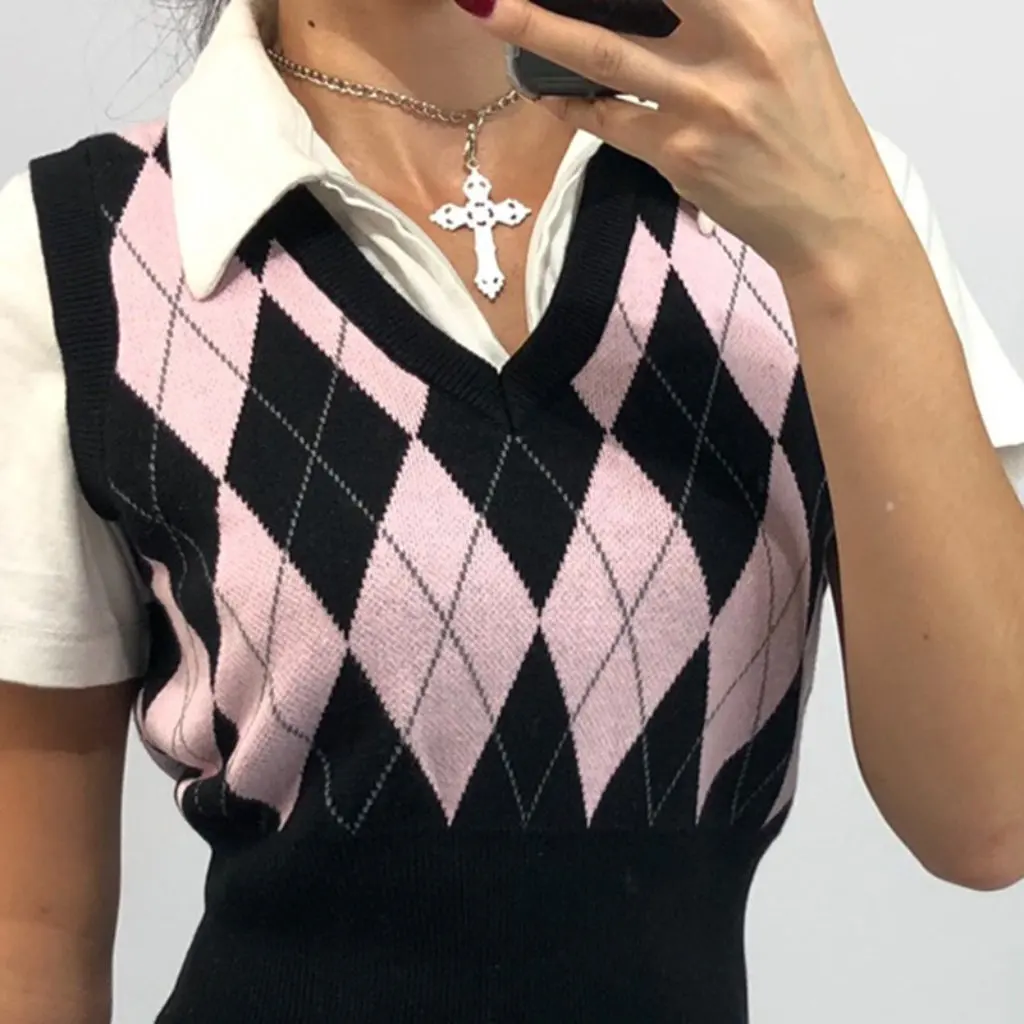 

Women's Sexy Plaid Contrast Color Short Sleeveless Vest Top Autumn Winter Woolen Clothing European American Style