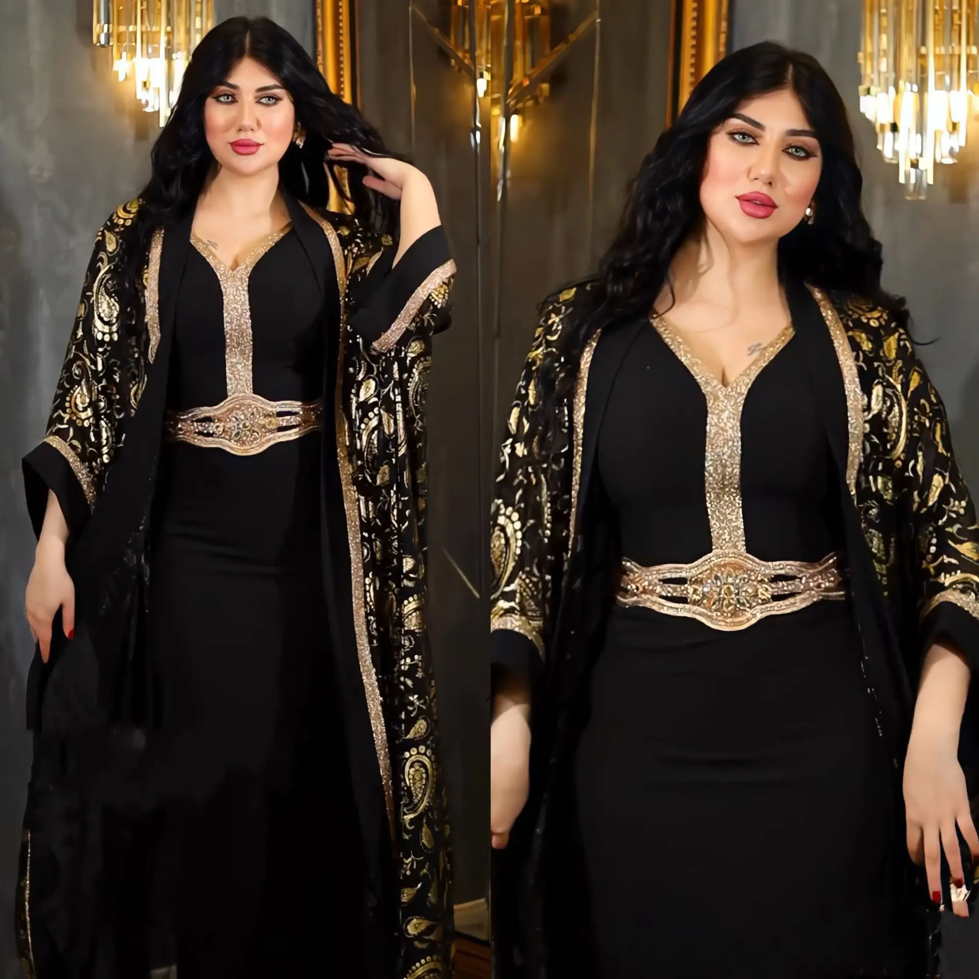 Middle East Muslim Robe Saudi Abaya Dubai Women Printed Dress Two-piece Suit Fashion Long Sleeves Evening Dresses