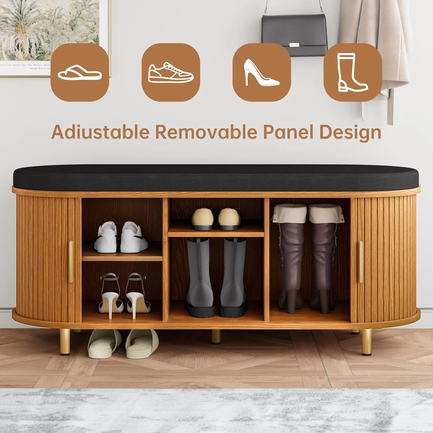 2-Tier Storage Bench,Wide Shoe Bench with Thickened Padded Seat Cushion, Mid Century Modern Fluted Sliding Door and, Customized