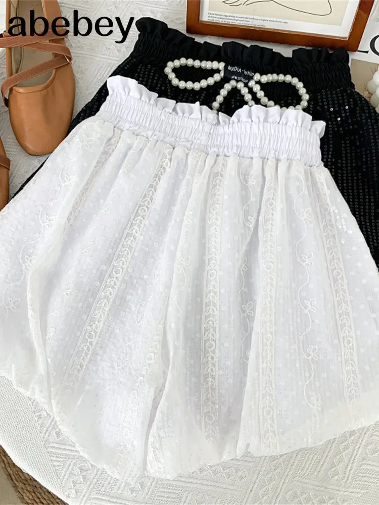 Fashion versatile solid Shorts pearl bow Sequin decoration elastic waist high waist short lantern Shorts 2023 New Summer