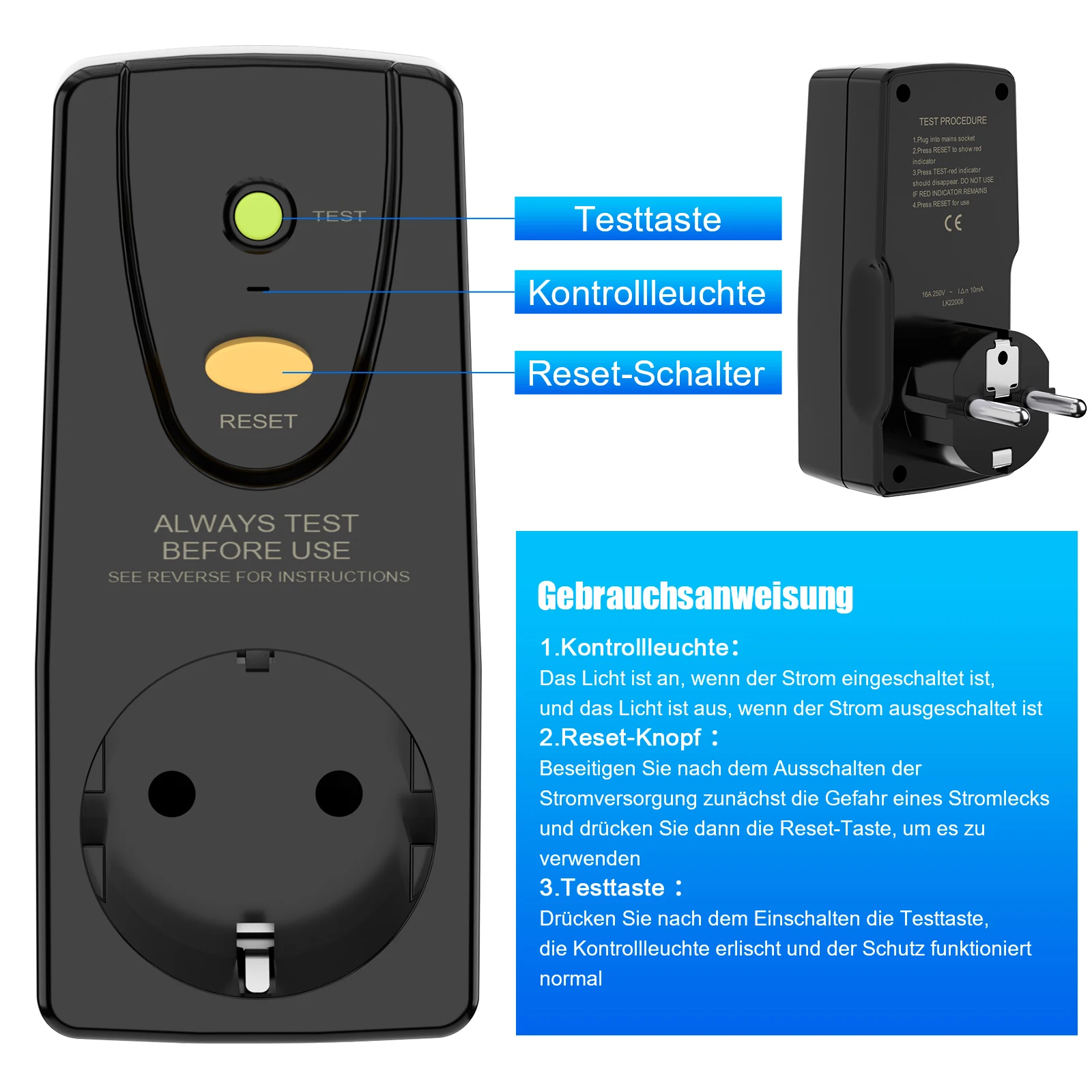 16A Leakage Protection Plug EU Personal Protection Socket with FI Safety Switch Household Home Circuit Breaker Cutout Outdoor