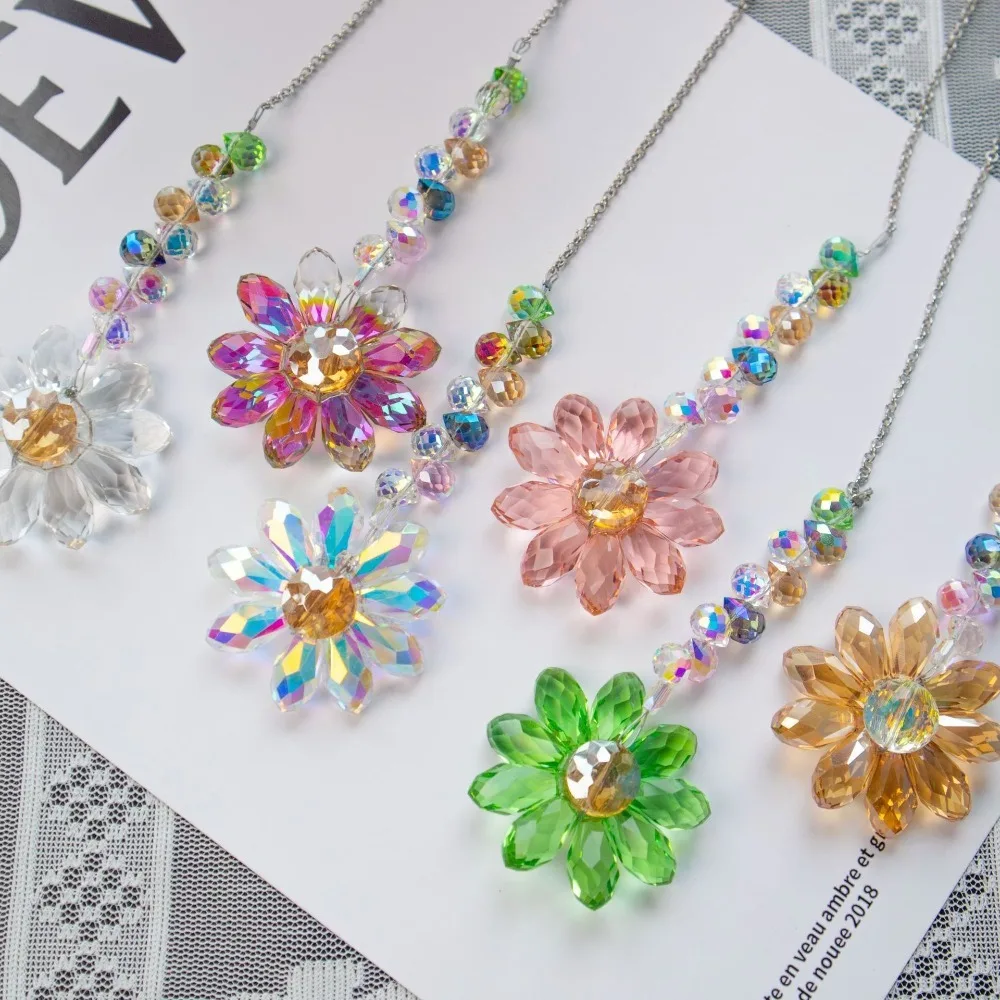 

6 Color Glass Crystal Pendant Indoor Window Yard Sunflower Sun Catcher Ornament Couple Bag Charms Rainbow Maker