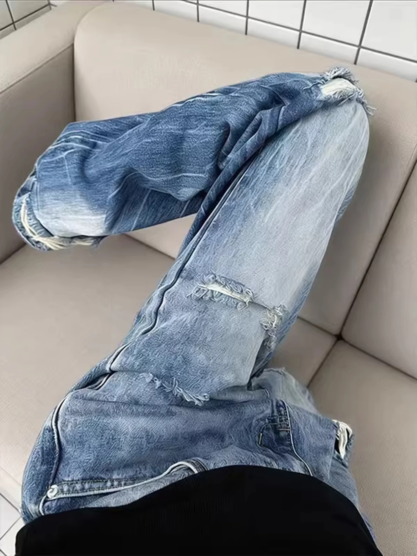 

Blue Lightning Pattern Ripped Jeans Men's American High Street Straight Leg Micro Flare Pants Casual Cotton Polyester Blend