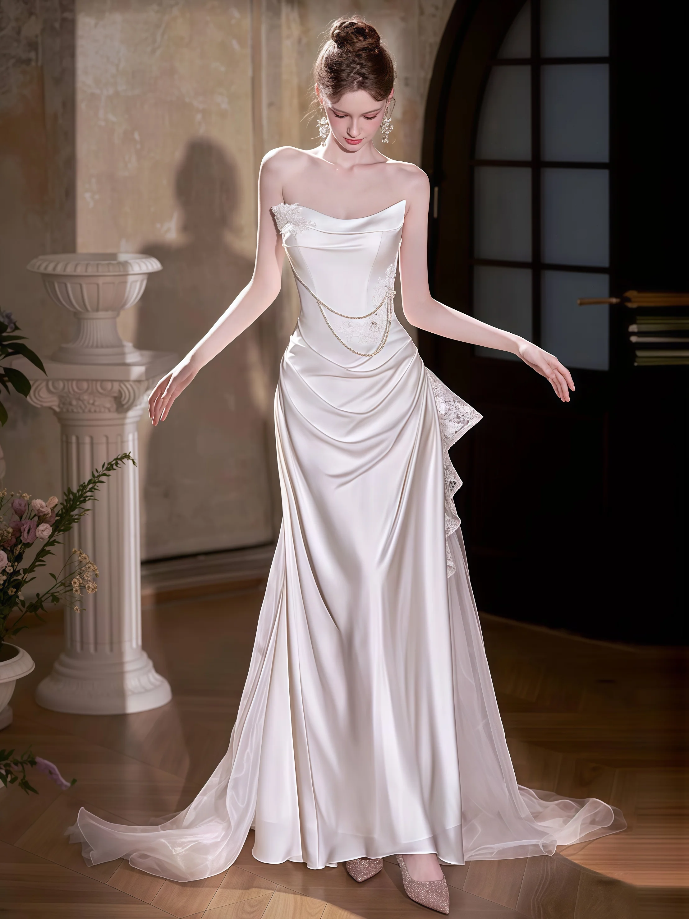 Elegante abito da sposa in raso bianco con scollo a barca pieghettato senza spalline senza spalline sirena occasione speciale abito da sera da ballo 2025 Nuovo