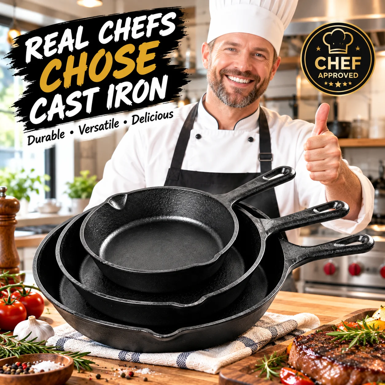 3‑Piece Pre‑Seasoned Cast Iron Skillet Set Heavy‑Duty Frying Pans With Pour Spouts Non‑Stick Cookware For Stove Oven Grill Campfire Home Kitchen Cooking