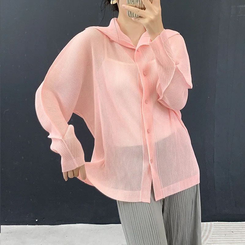 Miyake Gray Women Lapel Collar Mesh Pleated Cardigan Batwing Sleeve Button Front Sheer Loose Outer Top No Camisole