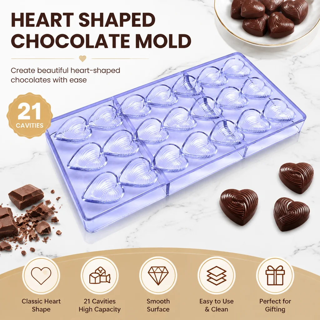 1 Pc Polycarbonate Chocolate Mold, Swirl Heart Shapes, Reusable DIY Bonbon Candy Confectionery Homemade Baking Tool