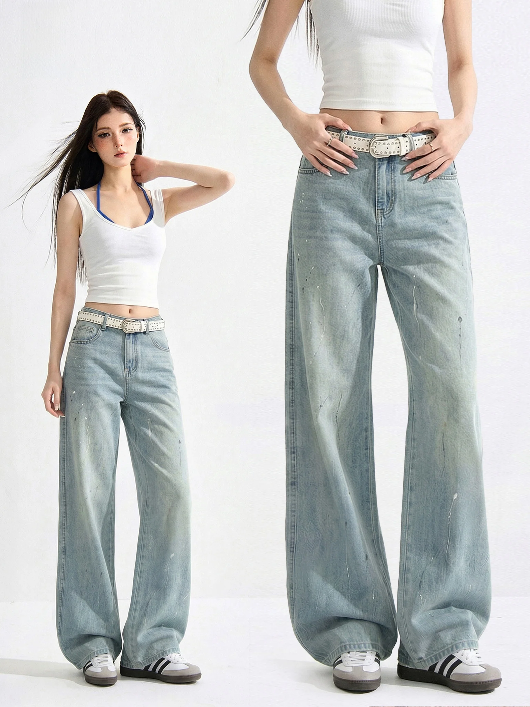 

Washed Denim Wide Leg Pants Women's Loose Straight Cut Jeans Casual Spring Lightweight Blue Long Trousers Low Waist