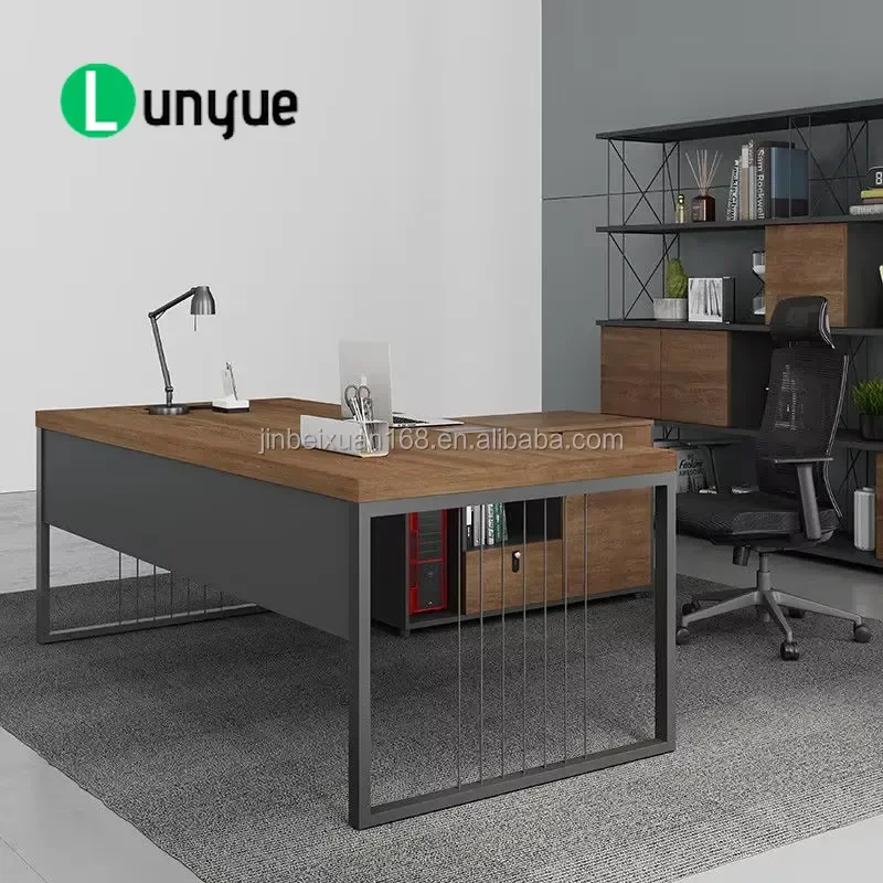 Modern Minimalist L Shaped Executive Desk Chrome Frame Dark Wood Panel Computer Table for Home Office Living Room Study
