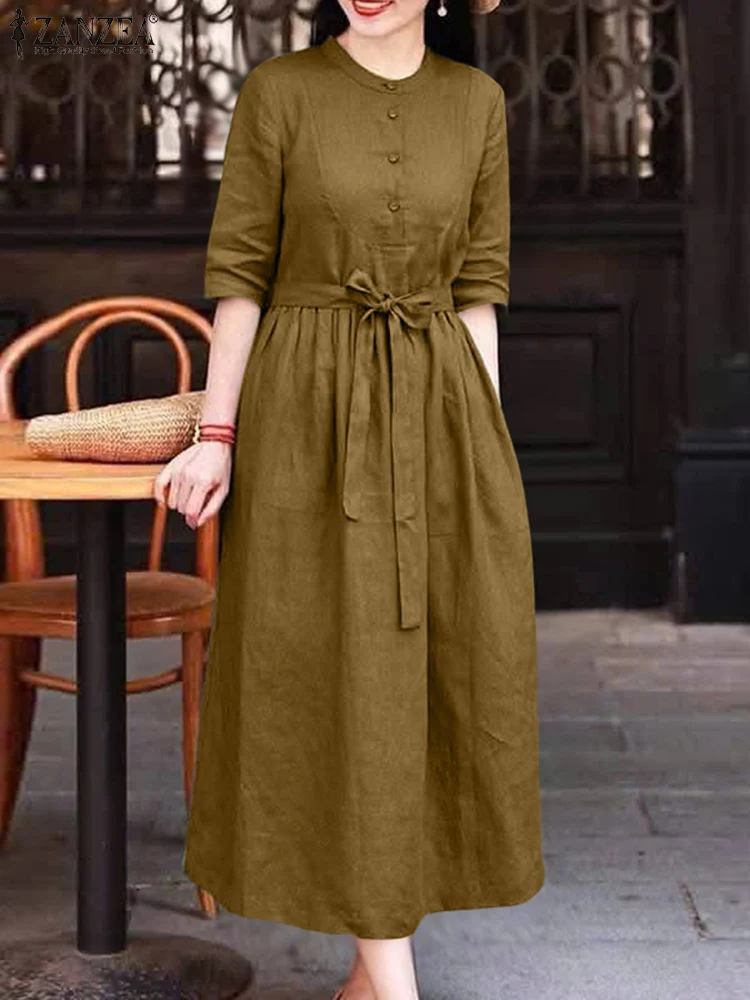 ZANZEA Casual Women's Long Dresses Autumn Round Neck Half Sleeve A-Line Robe Femme Vintage Fashion Everyday Solid Color Clothing