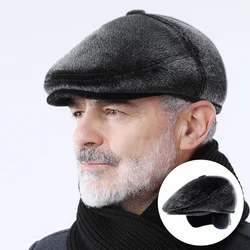 Winter Faux Mink Fur Newsboy Hat With Earflaps Beret Warm for The Elderly Peaked Cap Bonnet for Old Men Flat Gorras Freeshipping