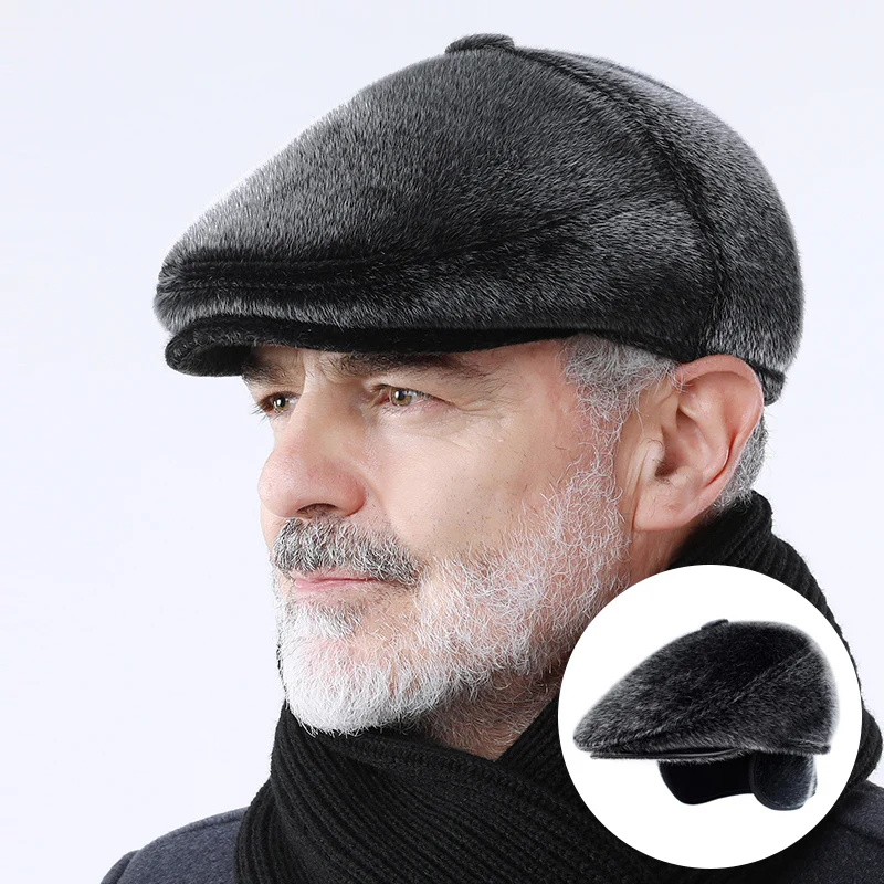 Winter Faux Mink Fur Newsboy Hat with Earflaps, Warm Beret for the Elderly, Peaked Cap, Flat Bonnet for Old Men