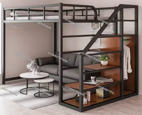 Iron work elevated bed under the empty single upper layer double layer small family space saving attic bunk apartment high and l