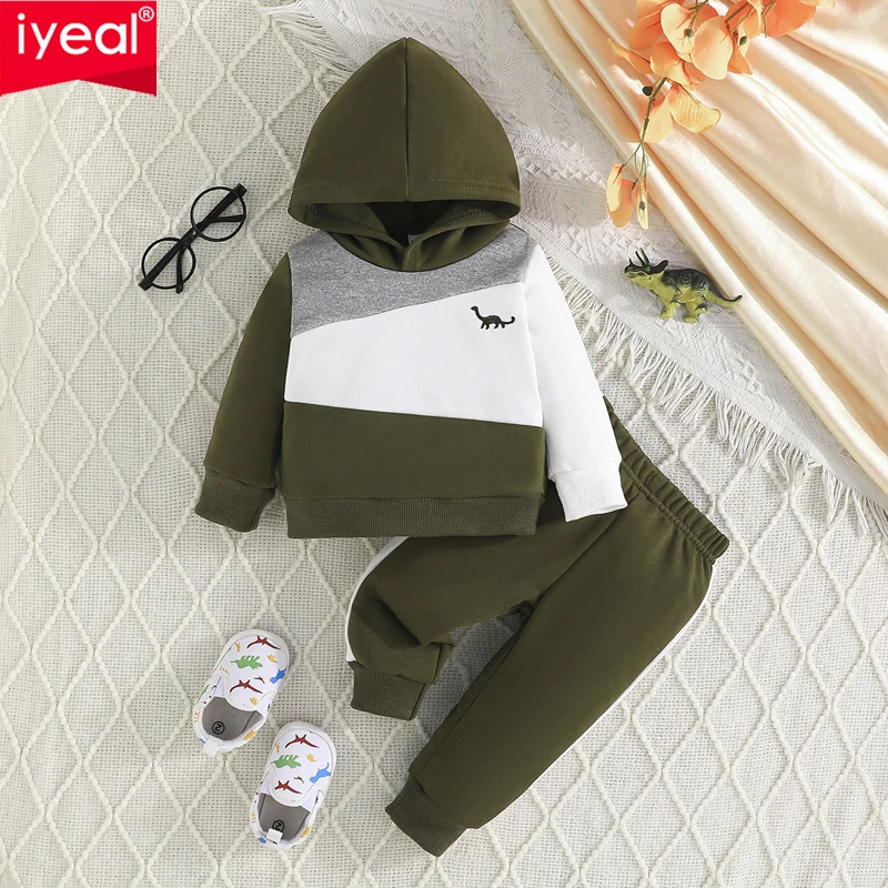 IYEAL  Baby Color Blocked Hooded Sweatshirt+Solid Color Pants 2-Piece Set For Infants And Toddlers Aged 1-3 Casual Sports Suit