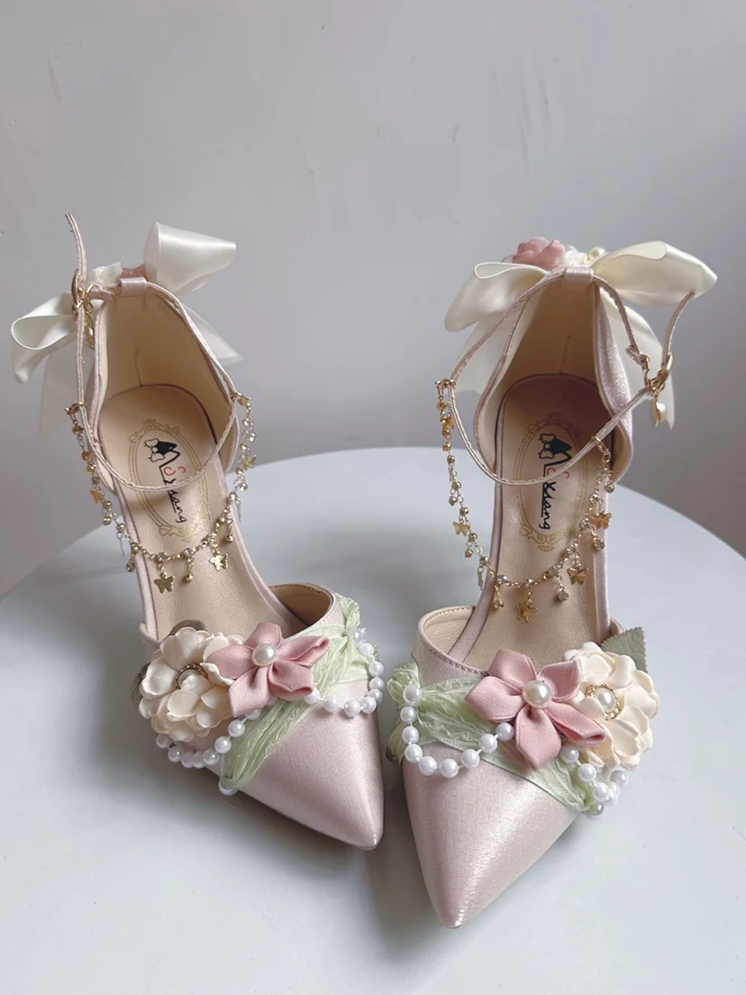 Original Sweet Lolita High Heels Girl Lolita Shoes Summer Fairy Elegant Wedding Shoes Pointed Loli Tea Party Single Shoes