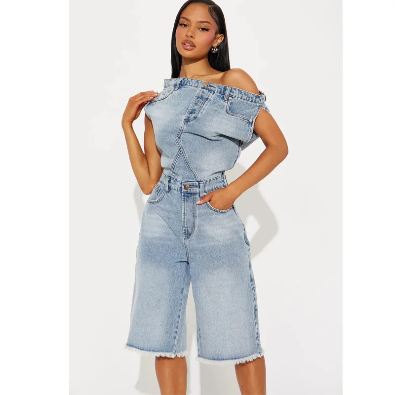 

2025 новый дизайн, джинсовые комбинезоны с открытыми плечами, нерегулярные цельные комбинезоны, женские джинсы с короткими рукавами и карманами на пуговицах, комбинезоны, женские комбинезоны