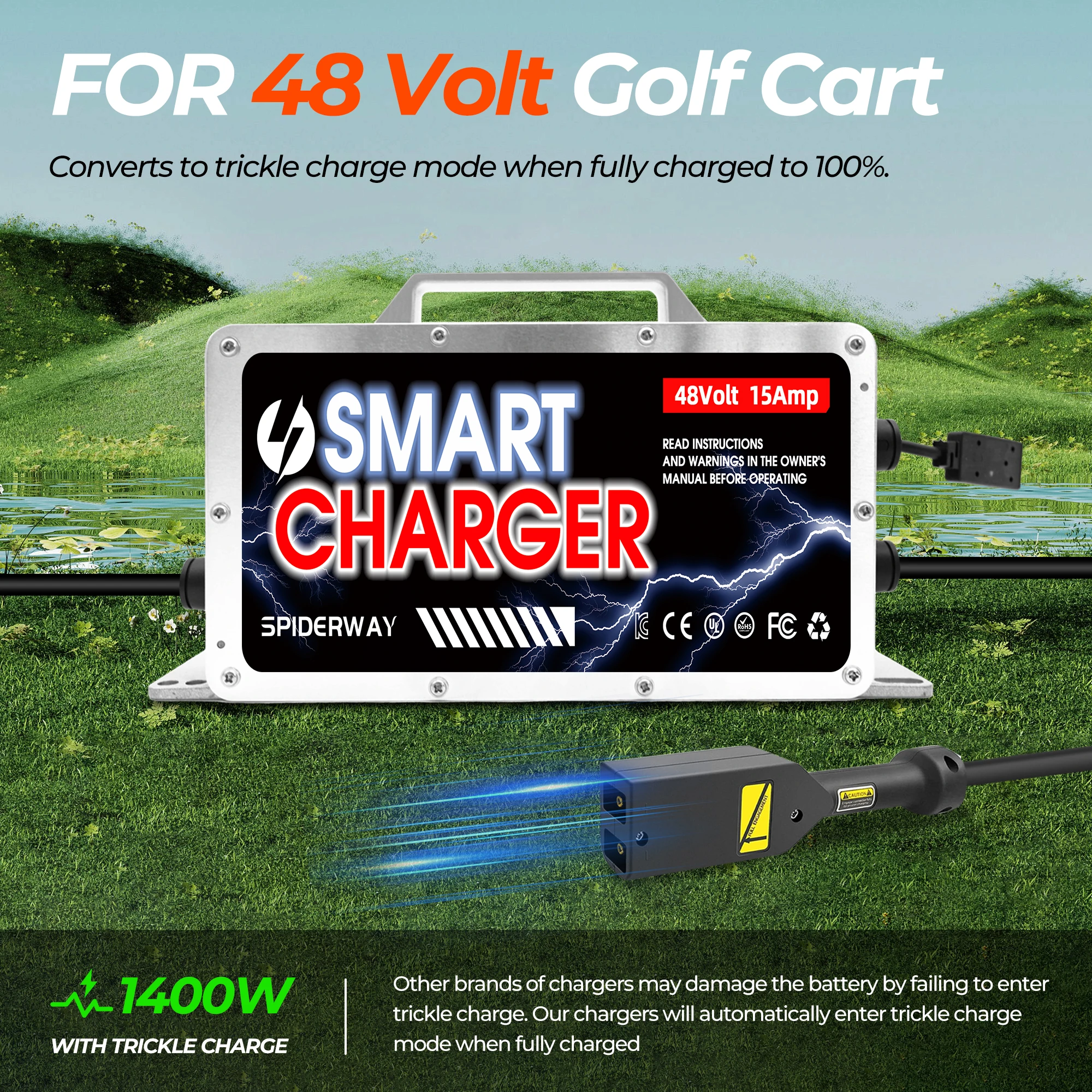 شاحن بطارية ذكي لعربة الجولف 48 فولت 15 أمبير مع قابس على شكل D لعربة الجولف EZGO TXT