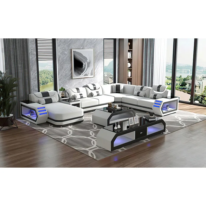 Modern italian design premium electric genuine leather sofa couch set modular sectional U shape living room sofas furniture