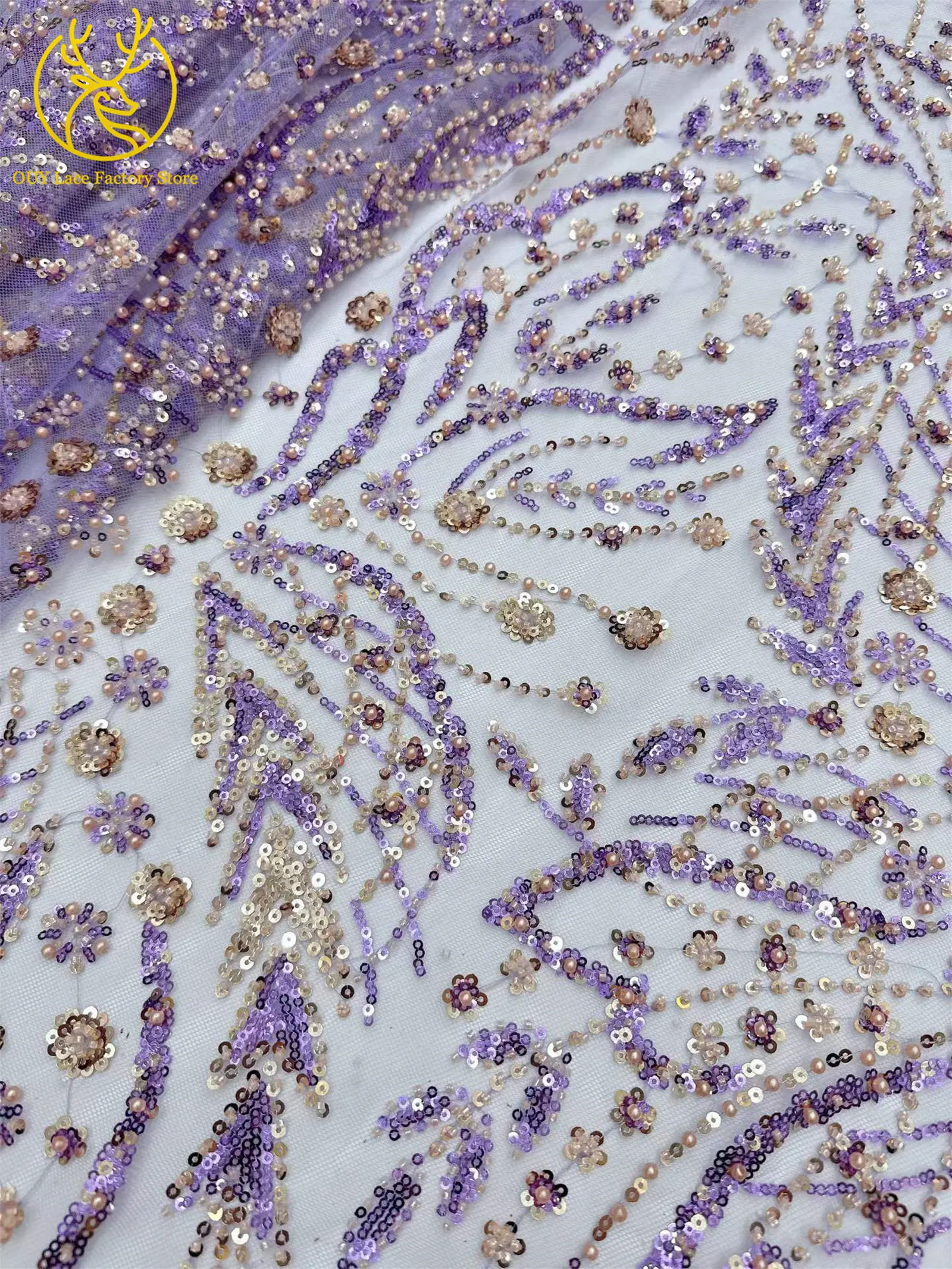 Afrikanischer Spitzenstoff, 5 Yards, hochwertiger nigerianischer Spitzenstoff mit Perlen und Pailletten, französische Tüllspitze zum Nähen von Hochzeits- und Partykleidern – Detail 5